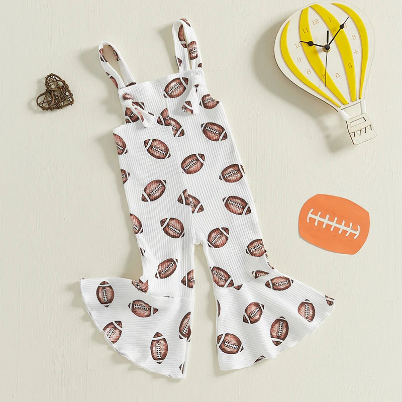 Infant Girls Football Print Sleeveless Romper with Bell Bottoms