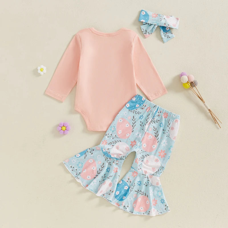 Baby Girl Long Sleeve Romper with Flare Pants and Headband