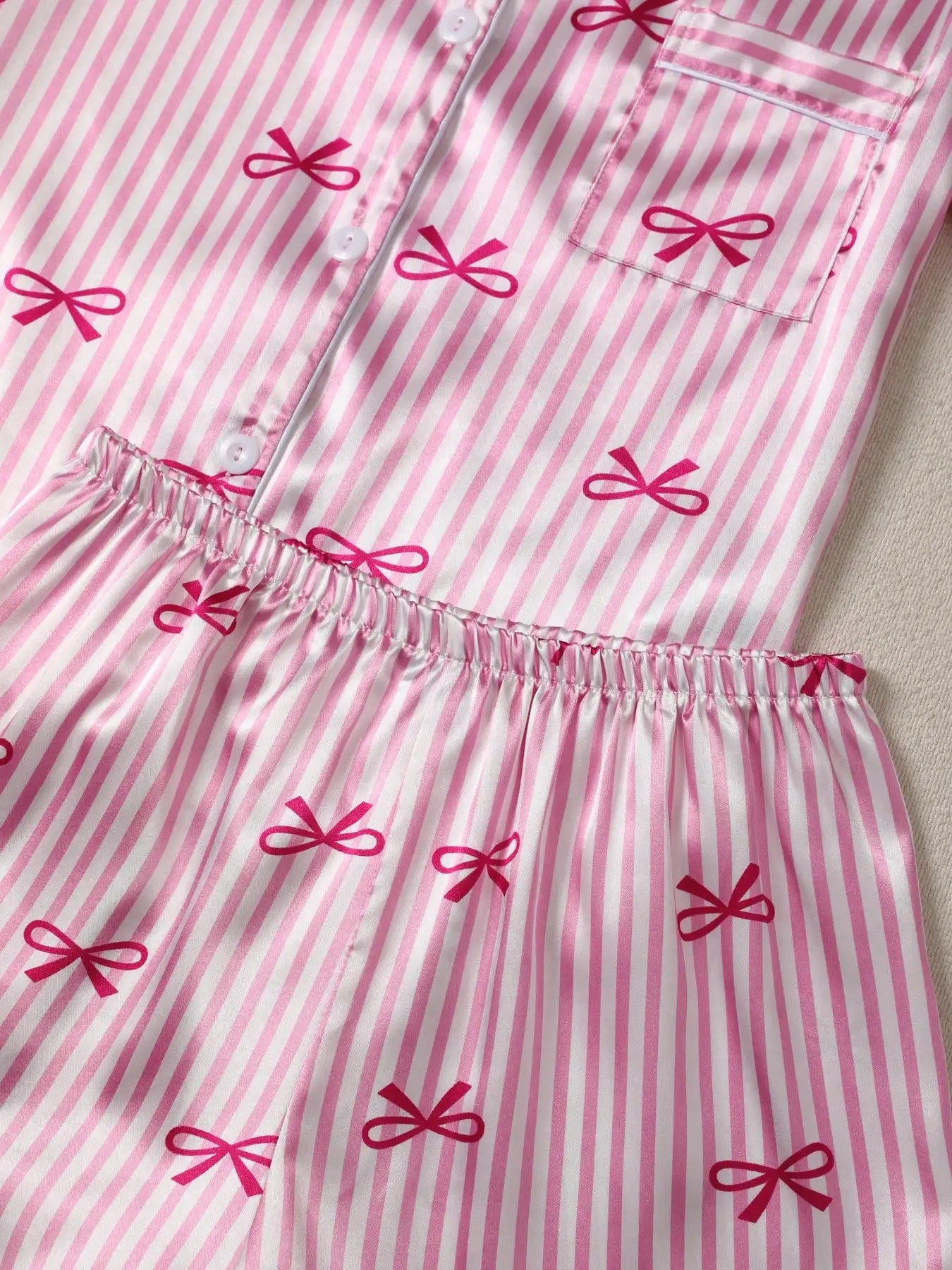 Women's Pink Stripe & Bow Print Short Sleeve Pajama Set