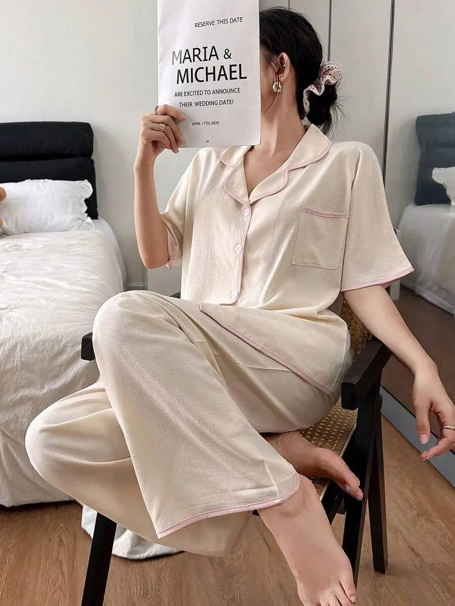 Women's Cream with Black Trimmed Short Sleeve Loose Pajama Set