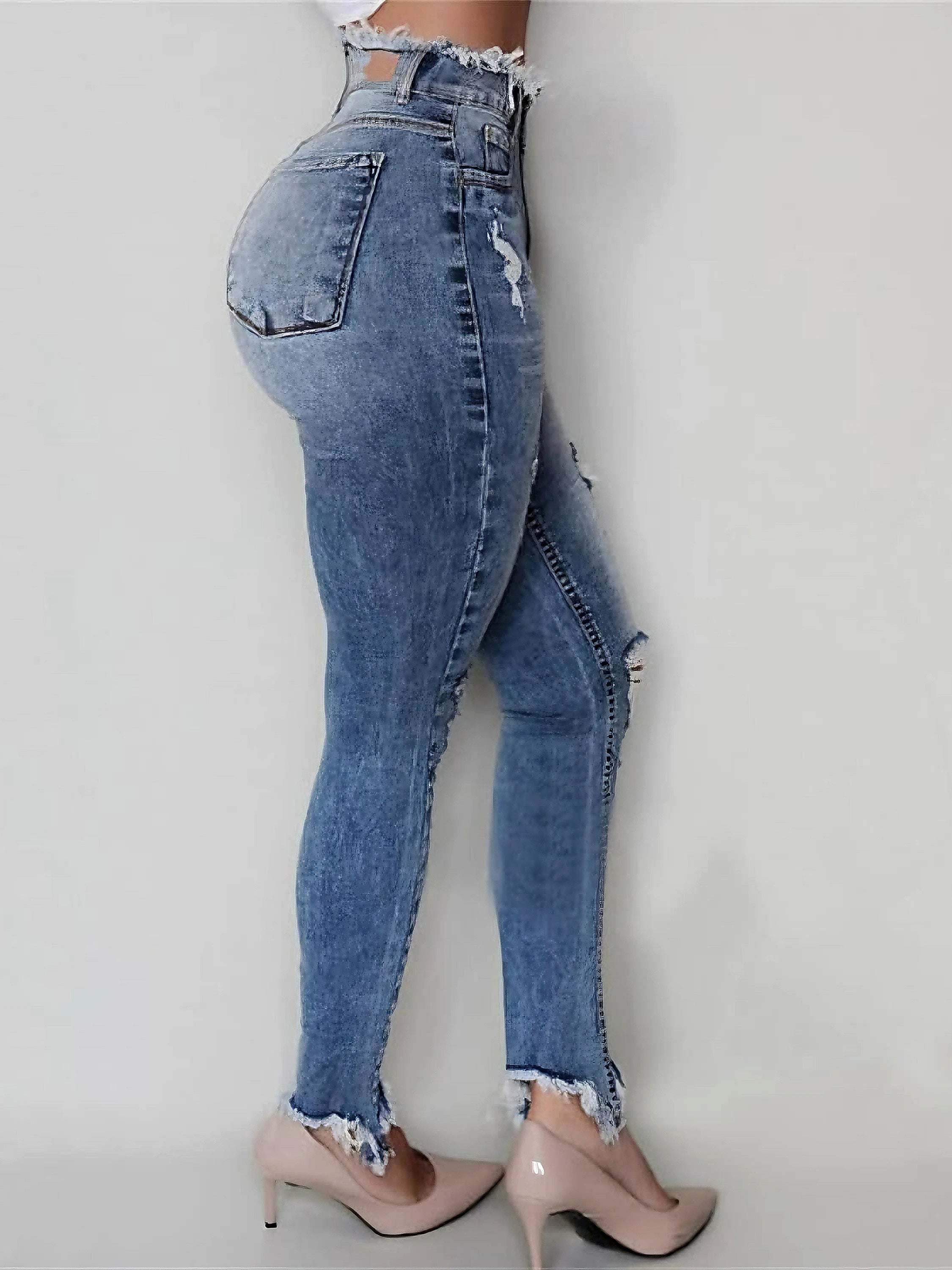 Women's high waisted fringed ripped jeans , slim fit and tight fitting style