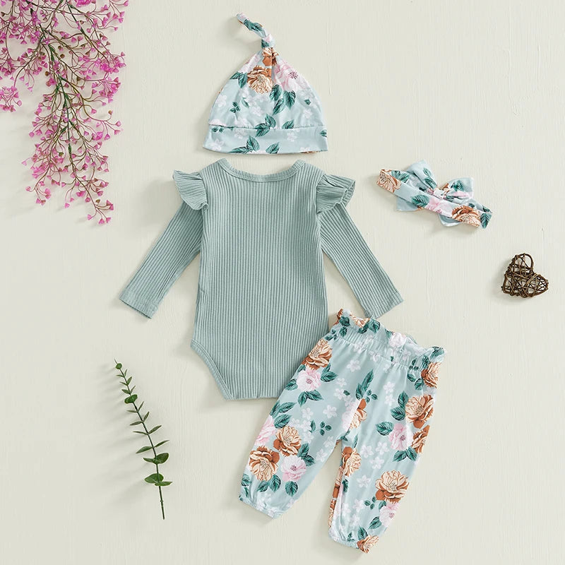 Baby Girls Long Sleeve Romper Floral Print Pants Headband & Hat Set