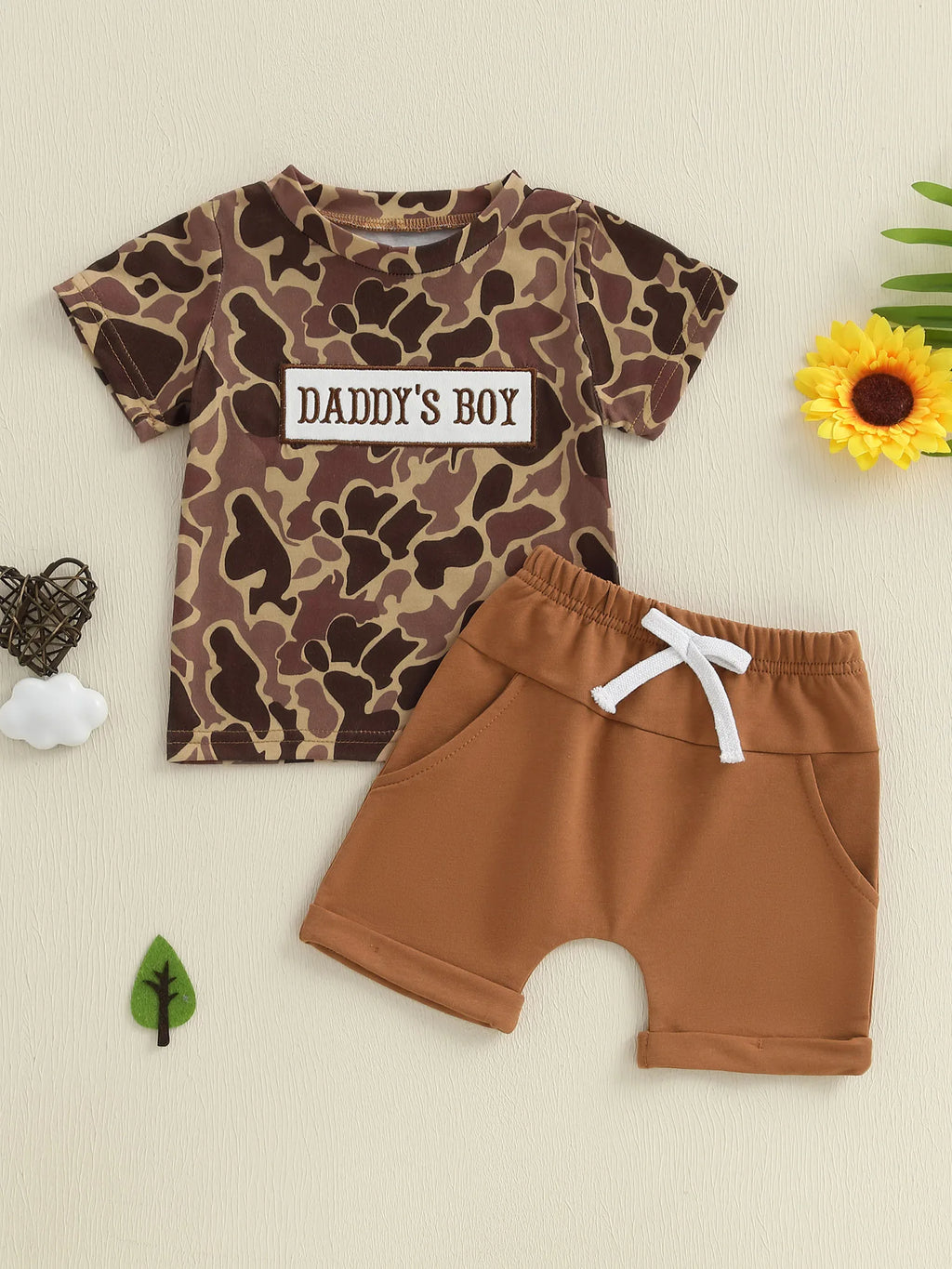 Boys Short Sleeve Camouflage Top and Drawstring Shorts Set