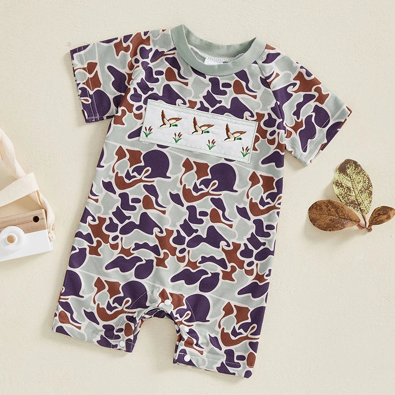 Short Sleeve Infant Boy Cotton Romper with Duck Embroidery for Summer