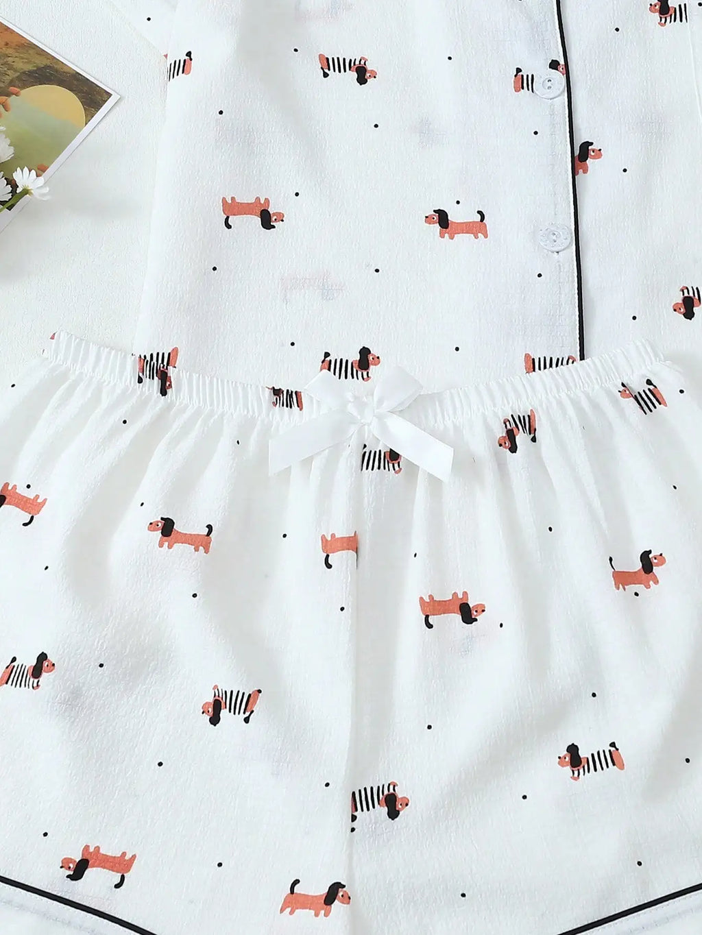 Women's White Short Sleeve Pajama Set with Dog Print