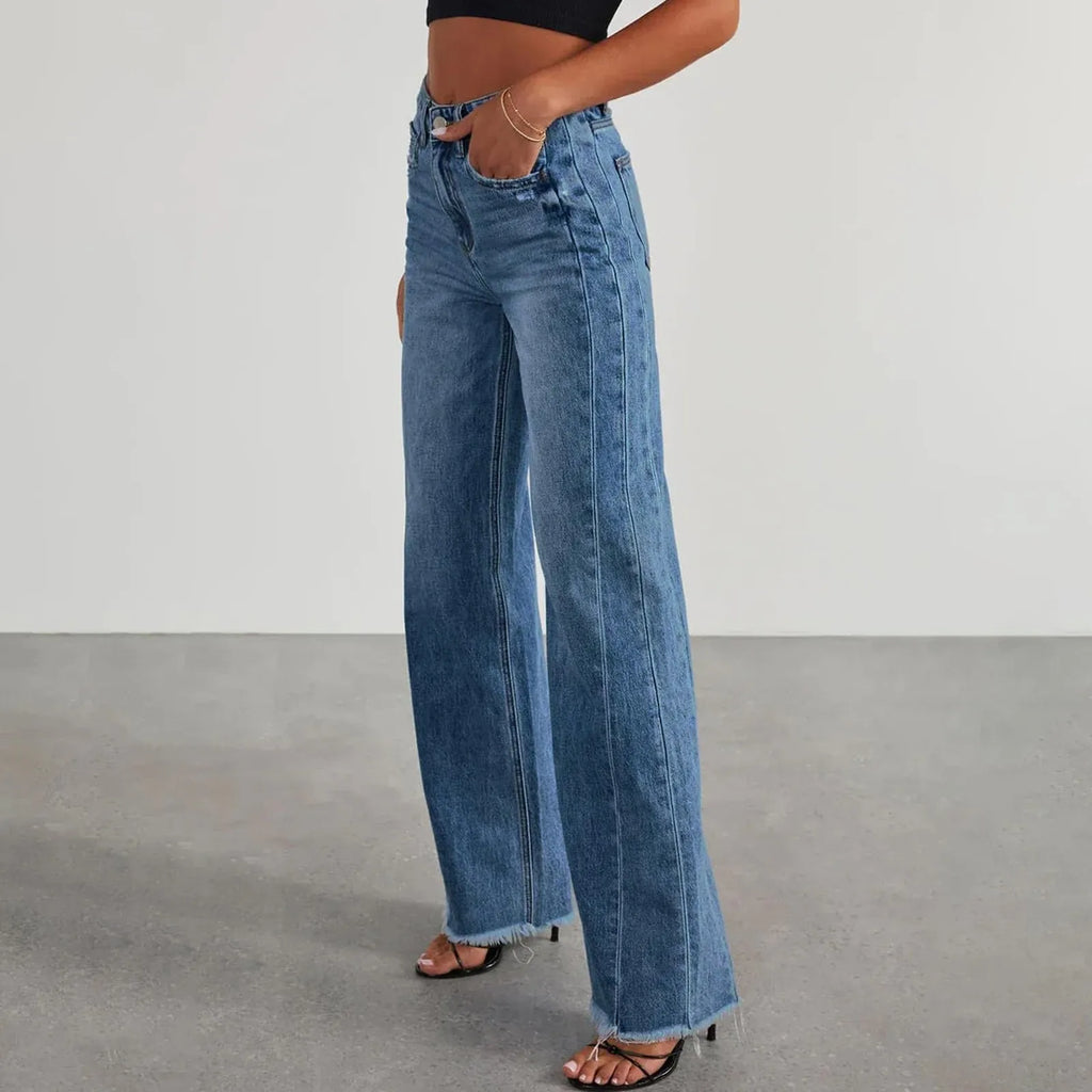 High Waist Straight Leg Frayed Hem Distressed Patchwork Women's Jeans