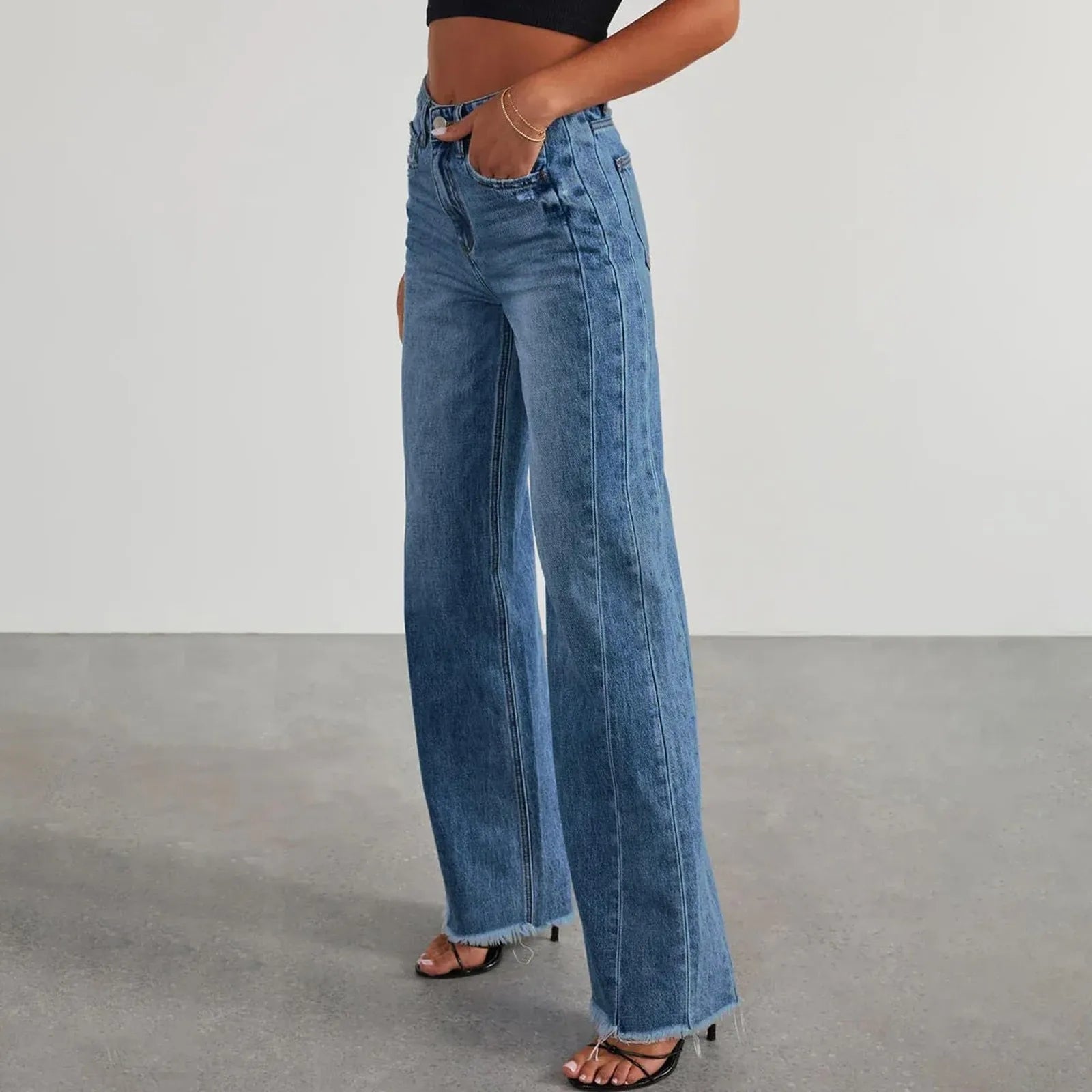 High Waist Straight Leg Frayed Hem Distressed Patchwork Women's Jeans