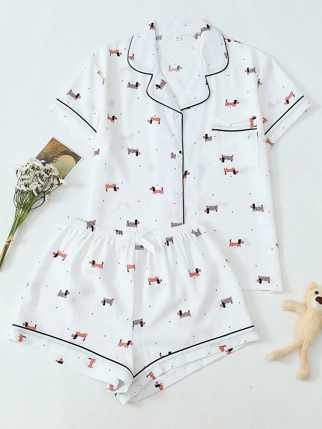 Women's White Short Sleeve Pajama Set with Dog Print