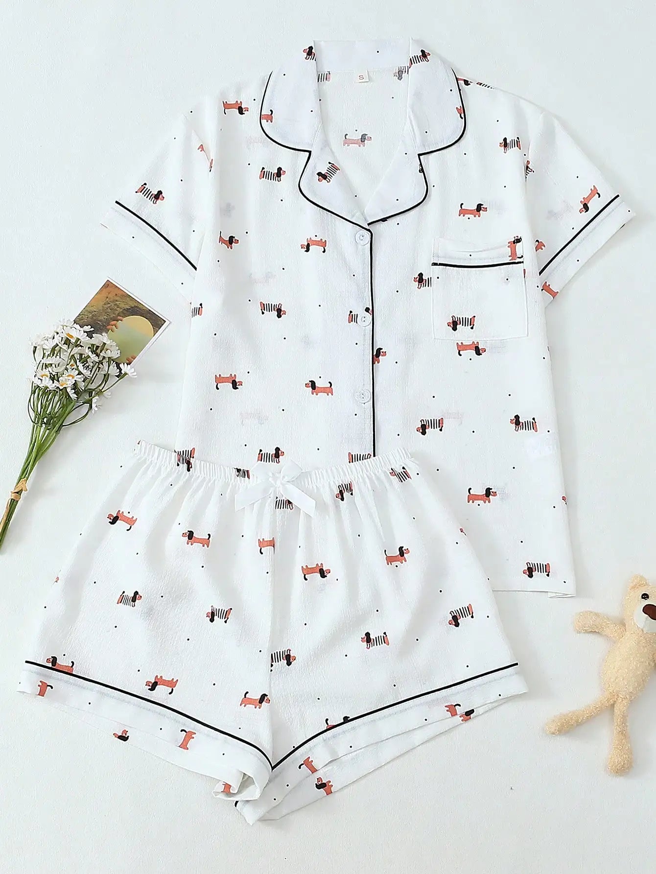 Women's White Short Sleeve Pajama Set with Dog Print