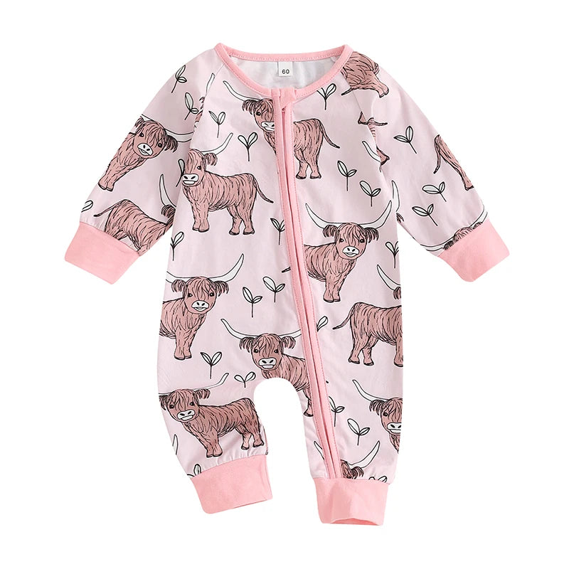 Infant Toddler Cow Print  Long Sleeve Zip-Up Romper - Unisex Baby