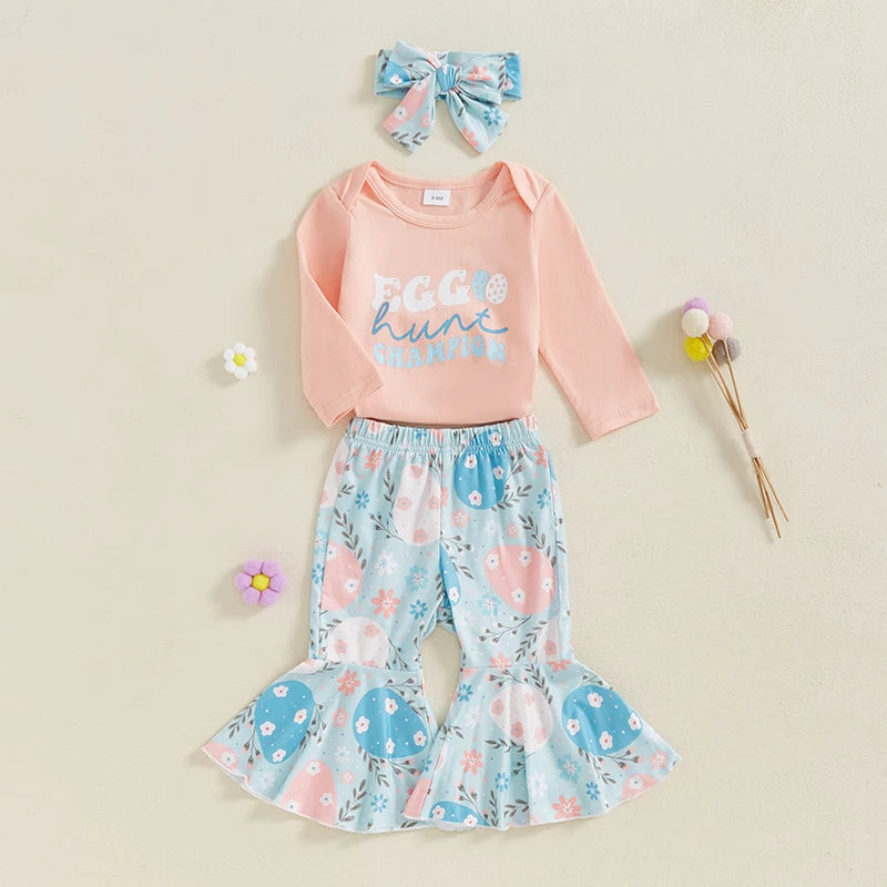 Baby Girl Long Sleeve Romper with Flare Pants and Headband