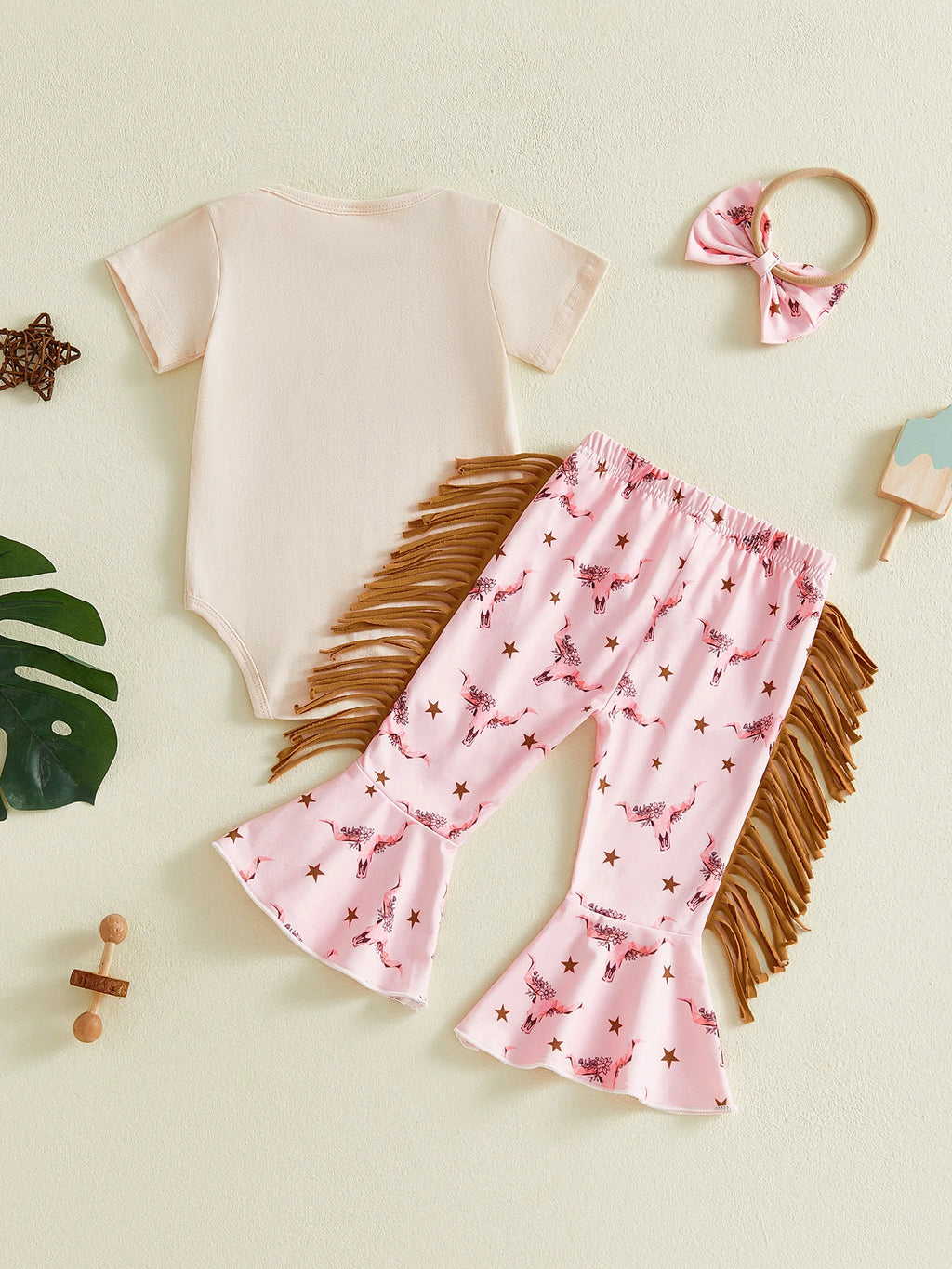 Western Short Sleeve Romper Set with Bull Head for Toddler Girls
