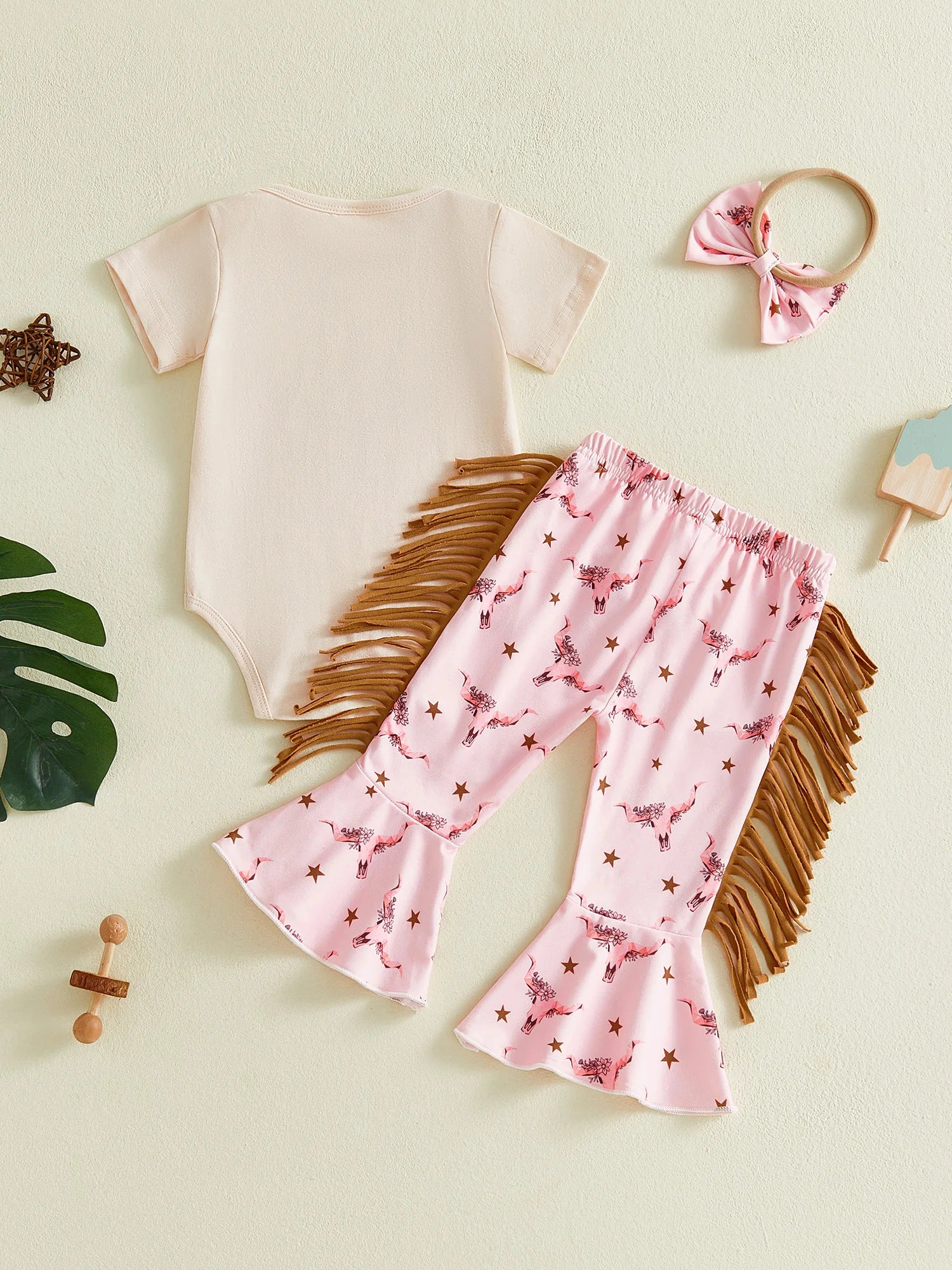 Western Short Sleeve Romper Set with Bull Head for Toddler Girls