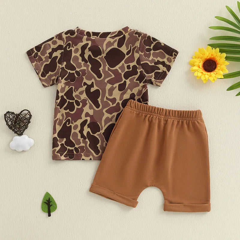 Boys Short Sleeve Camouflage Top and Drawstring Shorts Set