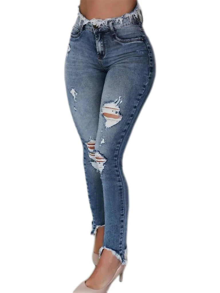 Women's high waisted fringed ripped jeans , slim fit and tight fitting style