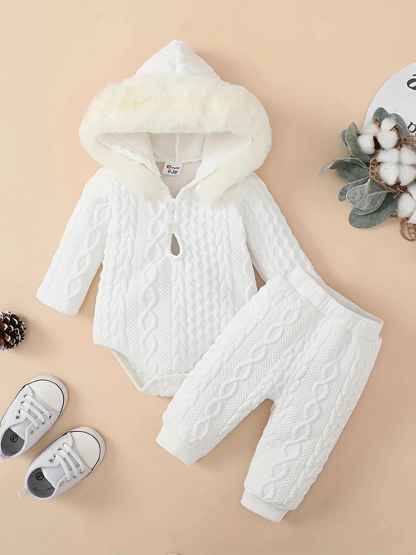Long Sleeve Winter Hoodie Romper & Pants Set for Toddler Baby Girl